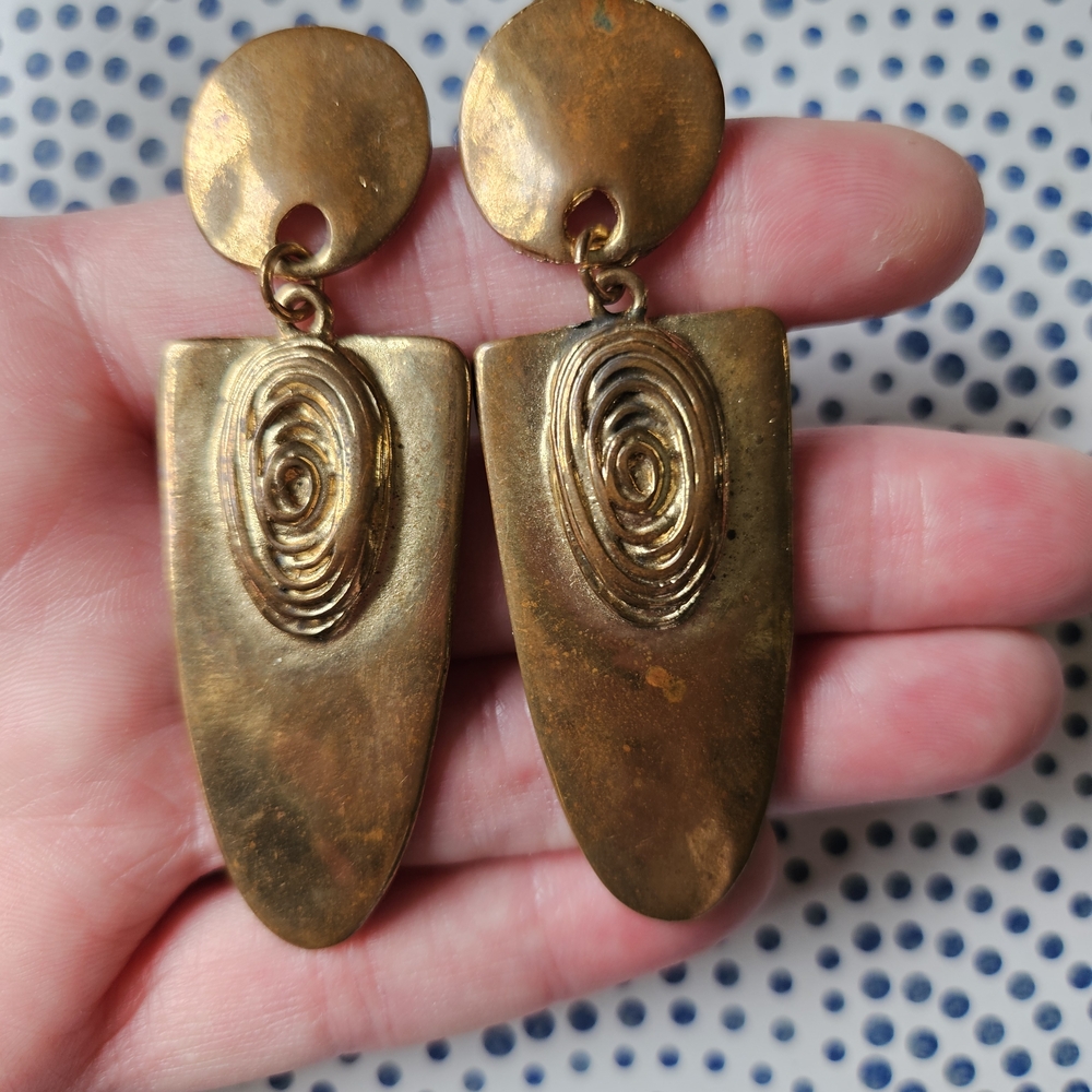 Vintage 1980s 1990s LARGE Tribal Gold-Tone Statement Drop Earrings
